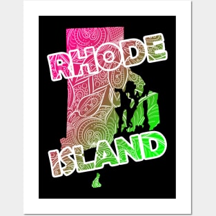 Colorful mandala art map of Rhode Island with text in pink and green Posters and Art